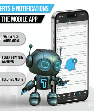 Mobile app interface with robot character and alerts on screen, text about app features.