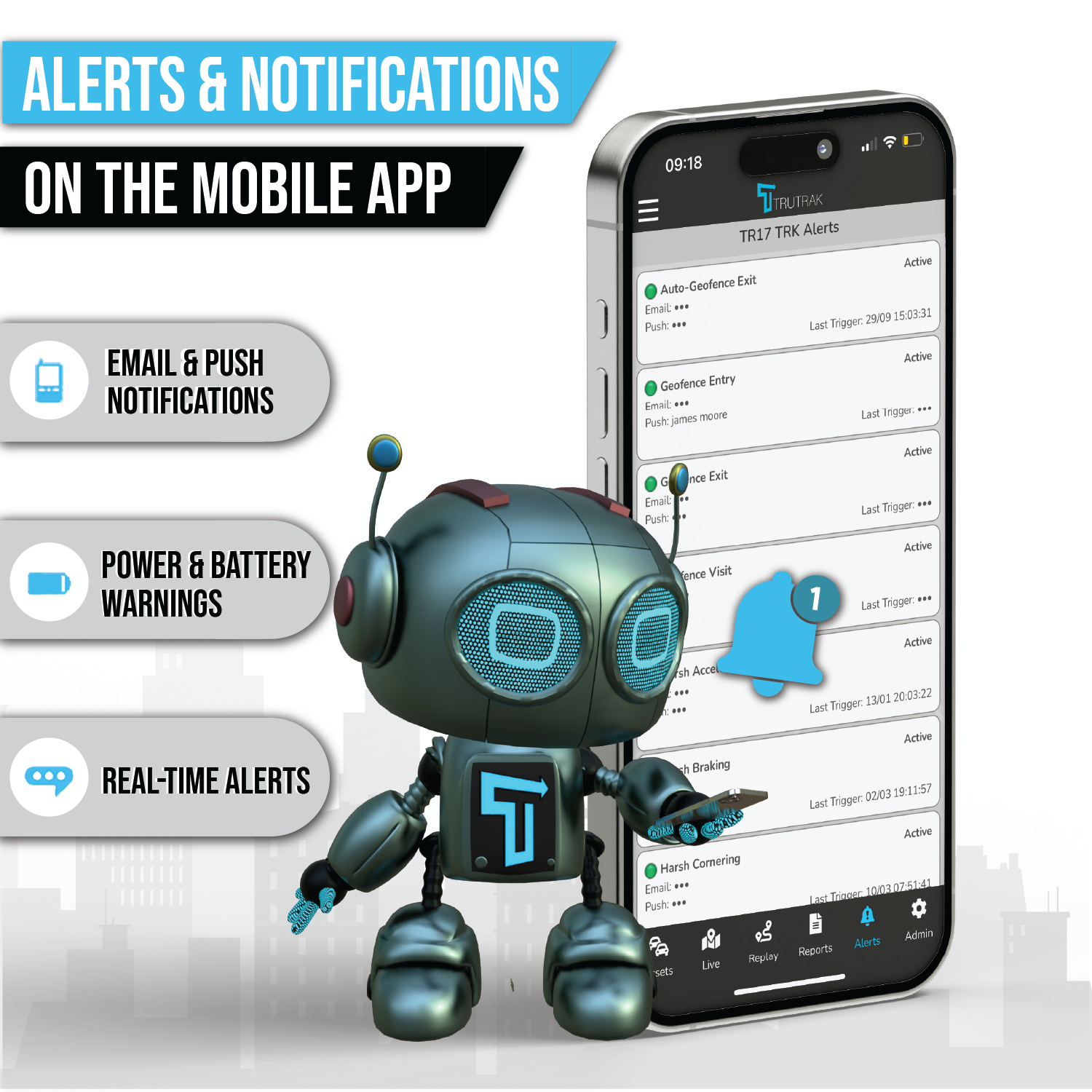 Mobile app interface with robot character and alerts on screen, text about app features.
